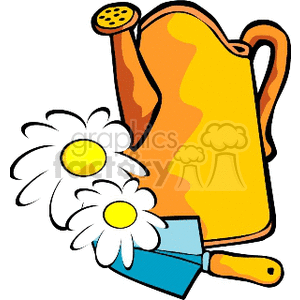 A colorful clipart image featuring a yellow watering can, two white daisies with yellow centers, and a blue garden trowel.