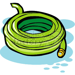 A clipart image of a green garden hose coiled up with some water droplets around it.