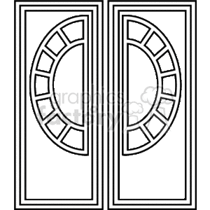 The image shows a pair of stylized doors with semi-circular window panes arranged in a half-moon pattern. The doors are depicted in a black and white outline, suggesting a vector or clipart style suitable for various design purposes.