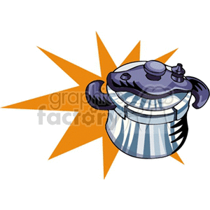 Clipart image of a pressure cooker with an orange starburst background.