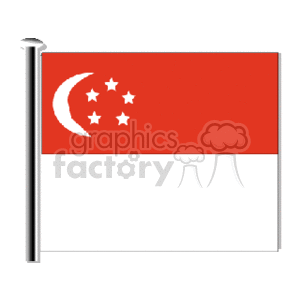 The image shows a flagpole displaying the national flag of Singapore, which features two horizontal halves: the top half is red with a white crescent moon to the left and five white stars forming a circle beside it, and the bottom half is plain white.