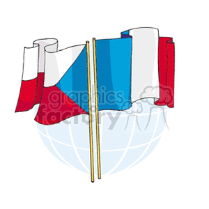 The clipart image shows a collection of flags from different countries placed over a stylized globe. The flags appear to be from the Czech Republic and France based on the color schemes and patterns. The French flag is recognizable by its vertical blue, white, and red stripes, while the Czech flag is identified by its white, red, and blue horizontal stripes with a triangular wedge.