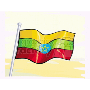 This clipart image features the Ethiopian flag, depicted as a waving flag on a flagpole. The flag has horizontal stripes with the colors green at the top, followed by yellow, and red at the bottom. In the center of the flag, there is a blue circle with a yellow star and rays extending from it, which is the emblem of Ethiopia.