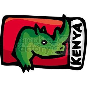The clipart image depicts a stylized flag with a caricature of a green rhinoceros in front of a red background, and the word KENYA written on the edge of the flag.
