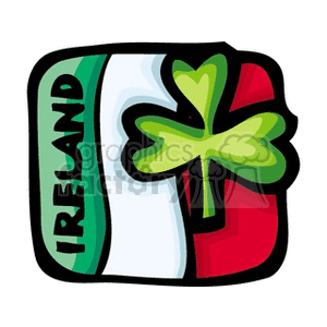 The clipart image features a stylized version of the national flag of Ireland, represented by three vertical stripes in green, white, and orange. Additionally, there is a shamrock, a symbol commonly associated with Ireland, in the foreground, overlapping the flag stripes. The word IRELAND is inscribed in capital letters along the left side typically associating the image with the country.