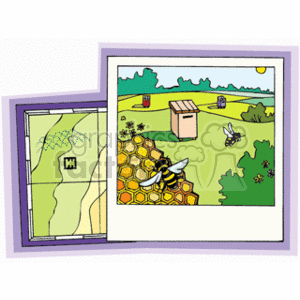 The clipart image shows two maps; one on the left appears to be a more traditional geographical map with grid lines, possibly indicating topography or land plots, and it has a symbol that might represent a hospital (a capital letter H). The map on the right portrays a more colorful and less formal scene, possibly a cartoonish illustration of a rural area with a beehive, a bee, flowers, a small building which could be a shed or a house, and trees.