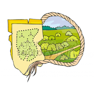 This clipart image shows a stylized circular frame that is reminiscent of a looking glass. Within this frame, there is an illustration of a landscape featuring fields with green trees and bushes, separated by paths or a river. The right edge of the circle appears to be a map with dots that could represent towns or points of interest, and there's a piece resembling a map corner overlaid on the top left of the circle, giving the impression that the landscape is being viewed through a cutout in the map. The map has an aged look with curling edges at the bottom, suggesting an old, well-used document.