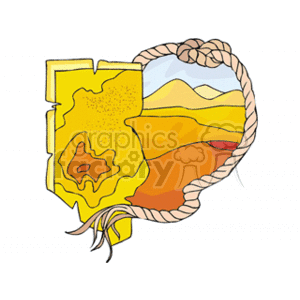 The clipart image features a stylized map that looks to include a desert terrain with different shades of yellow, brown, and orange to represent sand and arid areas. A blue sky is indicated at the top of the map, suggesting a landscape view within the map's borders. The map is bordered by a rope with a frayed end, giving the image a rugged or explorer theme, as if the map is part of an adventure in a desert environment.