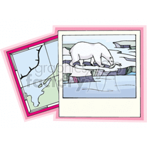 The clipart image shows a stack of two images. The front image depicts a polar bear walking across ice floes, with a body of water around the ice. The rear picture appears to be a map, likely indicating a polar region due to the presence of the polar bear in the forefront image.