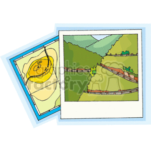 The image shows two overlapping maps. One appears to be a topographical map featuring contour lines and perhaps a hiking or walking trail with a landmark noted as SSO. The other map seems to illustrate a more detailed view of a trail or path running through a green, hilly landscape with trees and a possible hiking route or scenic pathway indicated.