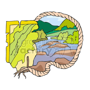 The clipart image shows a stylized representation of a geographic area that includes a river or stream running through a landscape with trees and mountains in the background. On the left side of the image, there is a segment that resembles a topographical map with contour lines, indicating changes in the terrain elevation. The map portion is stylized and simplifies the real-world intricacy of such maps. The border of the entire image is a rope twisted in a circular frame, giving it a rustic or adventurous feel.