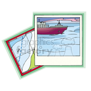 This clipart image features two overlaid pictures with a green and a red border. The top image shows a cargo ship on the ocean with waves and a pink sky, possibly suggesting either sunrise or sunset. The image beneath shows a navigational map with what appears to be a coastline, some plotted navigation lines, and numerical information that may represent depths or coordinates.