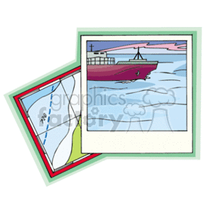   This clipart image features two overlaid pictures with a green and a red border. The top image shows a cargo ship on the ocean with waves and a pink sky, possibly suggesting either sunrise or sunset. The image beneath shows a navigational map with what appears to be a coastline, some plotted navigation lines, and numerical information that may represent depths or coordinates. 