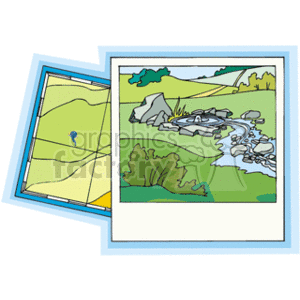 This clipart image shows two maps. One appears to be a topographic map featuring contour lines, possibly indicating terrain elevation, with a blue marker or symbol on it that might represent a location such as a water well. The second map appears to illustrate a landscape with water, possibly a spring or stream, surrounded by rocks and vegetation, which could be the representation of the marked location on the topographic map. The style is simple and colorful, typical of educational or illustrative materials.