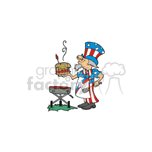 The image is a clipart depicting a character representing Uncle Sam wearing a patriotic top hat and suit in the colors of the American flag. He is standing beside a grill, cooking a burger, with smoke rising from the grill. This character symbolizes American patriotism and is often associated with national holidays.