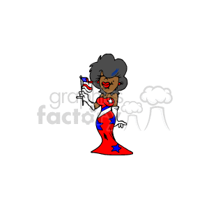The clipart image features a stylized depiction of an African American woman with an exuberant hairstyle, wearing a form-fitting dress patterned with elements of the American flag. She appears confident and is holding a small flag.