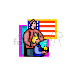 The clipart image shows a stylized representation of a family moment involving patriotism and remembrance. A father and his son appear to be standing in front of an American flag. The father, bare-chested, is holding his hand over his heart, a gesture that suggests he's expressing patriotism or saying the Pledge of Allegiance. Next to him, a young boy, presumably his son, also has his hand over his heart and is holding what appears to be a candle, which could symbolize remembrance or hope. Both are looking towards the flag, indicating respect or contemplation.