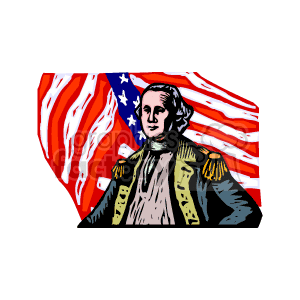 This clipart image features a stylized representation of an iconic figure that could be interpreted as a historic American figure, reminiscent of the Founding Fathers, positioned in front of an American flag waving in the background. The figure is dressed in a vintage military uniform, suggesting a character from American history.