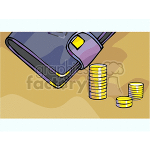 Clipart image of a wallet and stacked coins. The image features a purple wallet and yellow coins arranged in stacks of different heights.