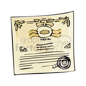 A clipart image of a certificate with decorative elements and a ribbon seal.