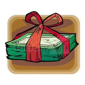 Clipart image of a stack of money tied with a red ribbon.