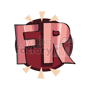 A clipart image showing the letters 'FR' in bold, pink text over a maroon circular background with beige triangular rays around it.