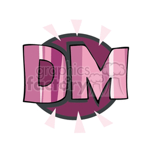 A clipart image featuring the letters 'DM' in bold, pink text against a dark purple circular background with rays radiating outward.