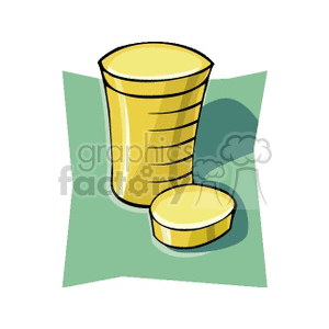 Clipart image of a tall stack of yellow coins or tokens, with a single coin laying flat in the foreground. The background is a green irregular shape.