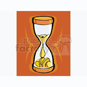 A clipart image of an hourglass with coins inside, set against an orange background.