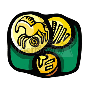 Clipart image of round, yellow icons with illustrations including a horse and abstract symbols on a green and black background.