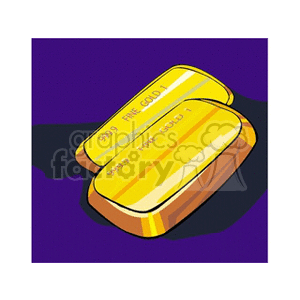 Clipart image of two gold bars on a purple background, labeled '999.9 FINE GOLD'.