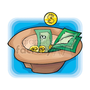 This clipart image shows a hat with paper bills and coins, symbolizing donations or money collection.