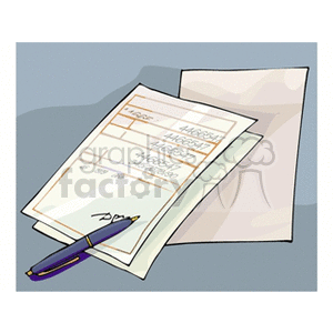 Clipart image of a set of papers and an envelope with a pen lying on top. The papers appear to be forms or documents with lines for writing, some of which have been filled in.