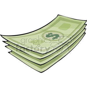 A stack of dollar bills in clipart style, featuring exaggerated outlines and a simple green color palette.