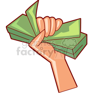 A clipart illustration of a hand holding a stack of cash.