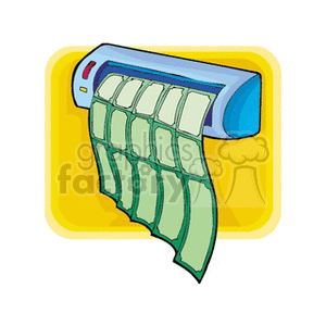 A clipart image of a cash dispenser emitting dollar bills on a yellow background.