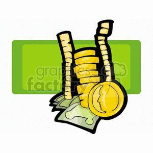 A clipart image of stacked gold coins, paper currency in front of a green rectangle background.