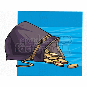 Clipart image of a purple cloth bag spilling gold coins on a blue background.