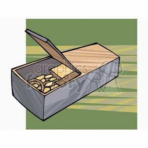 Clipart of an open rectangular box with a hinged lid, containing several circular objects and rectangular items inside, possibly coins, gold, and jewelry 