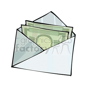 Clipart image of an envelope with multiple dollar bills inside.