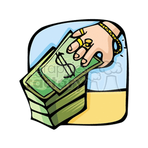 A clipart image depicting a hand adorned with jewelry holding a stack of money.