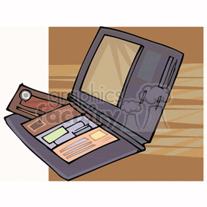 Clipart image of an open wallet with various cards and notes inside against a brown background.