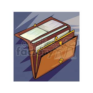 A clipart image of an open brown wallet containing various slots and compartments, with paper currency and cards visible.