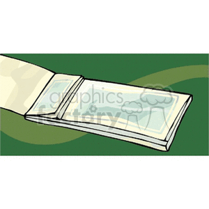 A clipart image of an open checkbook placed on a green background.