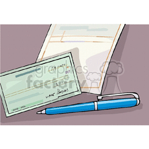 The clipart image features a close-up of a personal check, a pen, and a form. The check is partially filled out with a date and amount, and the pen is positioned below the check.