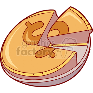 Clipart image of a round pie chart designed to look like a coin with a dollar sign, with a slice being taken out.