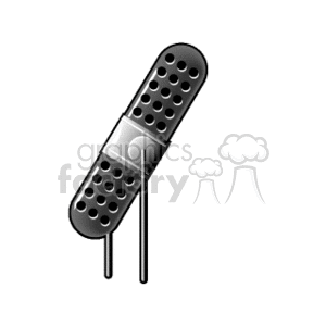 A stylized clipart image of a vintage microphone with a stand.