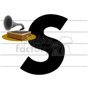 A clipart image of a vintage gramophone with a large 'S' on musical staff lines.