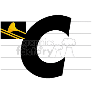 Illustration of a trumpet with a large letter C and music staff lines.