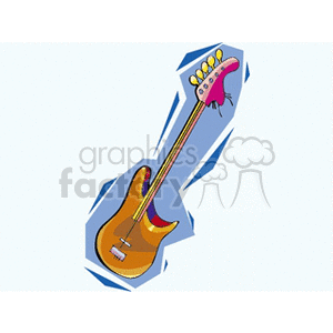 A stylized clipart image of a bass guitar with vibrant colors and dynamic lines.